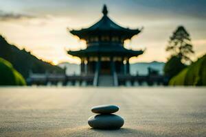 pebbles in front of a pagoda at sunset. AI-Generated photo