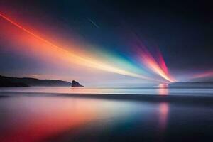 a colorful light beam is seen in the sky above the ocean. AI-Generated photo