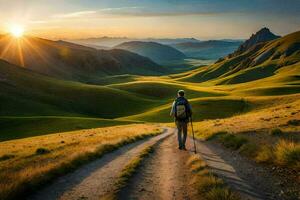 un hombre camina en un camino en el montañas. generado por ai foto