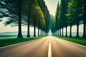 a long road with trees in the middle of it. AI-Generated photo