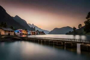 a long exposure photograph of a village on the shore of a lake. AI-Generated photo