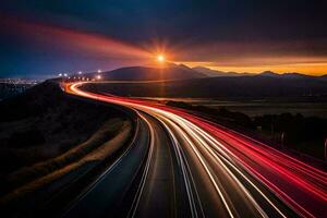 un largo exposición fotografía de un autopista a noche. generado por ai foto