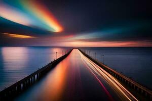 a long exposure photo of a pier with a rainbow in the sky. AI-Generated