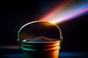 a bucket filled with sand and a rainbow light shining from the top. AI-Generated photo