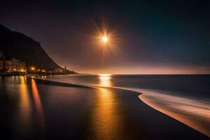 el Luna brilla brillantemente terminado el Oceano a noche. generado por ai foto