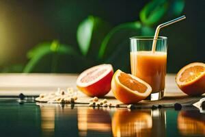 un vaso de naranja jugo con un Paja y naranjas generado por ai foto