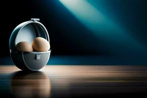 two eggs in an egg carton on a table. AI-Generated photo