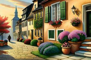 a painting of a street with flowers and potted plants. AI-Generated photo