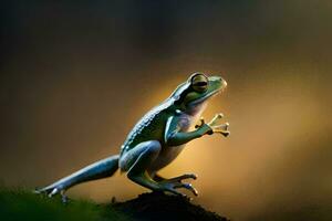 a frog is standing on its hind legs on a rock. AI-Generated photo