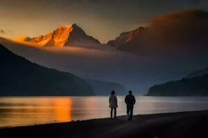 the couple is standing on the shore of a lake at sunset. AI-Generated photo