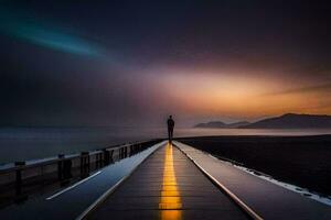 un hombre soportes en un muelle mirando fuera a el océano. generado por ai foto