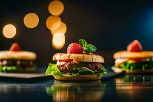 small hamburgers with strawberries and lettuce on a black background. AI-Generated photo