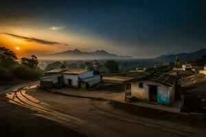 un pueblo a puesta de sol con montañas en el antecedentes. generado por ai foto