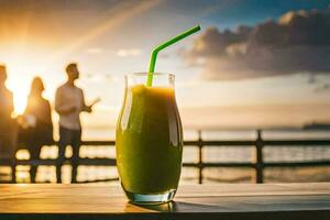 a glass of green juice with people in the background. AI-Generated photo