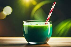 a green smoothie with a striped straw. AI-Generated photo