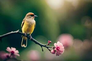 a bird sits on a branch with pink flowers. AI-Generated photo