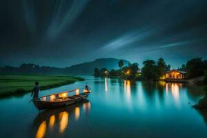 photo wallpaper the sky, water, boat, river, night, river, boat, boat,. AI-Generated