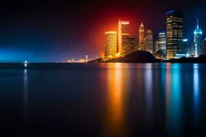 el ciudad luces son reflejado en el agua. generado por ai foto