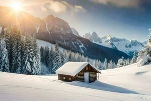 a cabin in the snow with trees and mountains in the background. AI-Generated photo