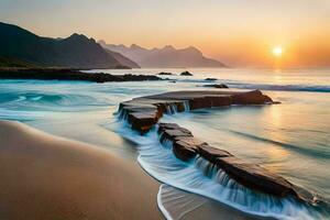 the sun sets over a beach with waves crashing into the shore. AI-Generated photo