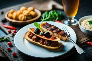 un plato con un sándwich, un pan y cerveza. generado por ai foto