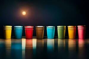 colorful cups lined up in a row on a dark floor. AI-Generated photo