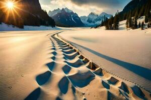 the sun is setting over a snowy mountain range. AI-Generated photo