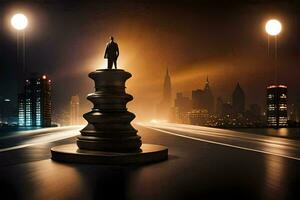 un hombre soportes en parte superior de un ajedrez pedazo en frente de un ciudad. generado por ai foto