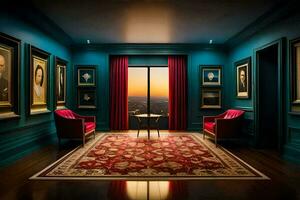 un habitación con un rojo alfombra y dos sillas. generado por ai foto