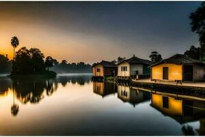 a lake with houses and a sunrise. AI-Generated photo