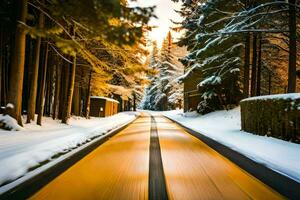 un Nevado la carretera en el invierno. generado por ai foto