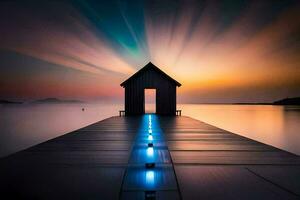 a pier with a house on it at sunset. AI-Generated photo