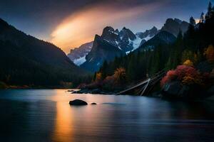 un lago y montañas a puesta de sol. generado por ai foto