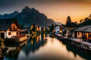 un río carreras mediante un pueblo a puesta de sol. generado por ai foto