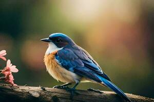 un azul y blanco pájaro es sentado en un rama. generado por ai foto