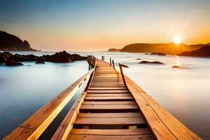 un de madera puente Guías a el Oceano a puesta de sol. generado por ai foto