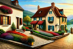 a painting of a house with flowers on the front porch. AI-Generated photo