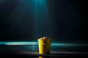 a yellow bucket with peanuts on a dark floor. AI-Generated photo