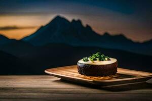 a dessert on a wooden plate with mountains in the background. AI-Generated photo