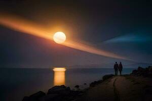 two people walk along the beach at night with the moon in the background. AI-Generated photo