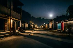 a street at night with a bike and a house. AI-Generated photo