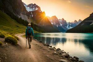 a man walks along a path near a lake and mountains. AI-Generated photo