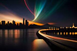a long exposure photograph of a city skyline with a colorful aurora. AI-Generated photo