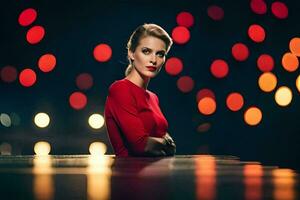 a woman in red dress posing in front of red lights. AI-Generated photo