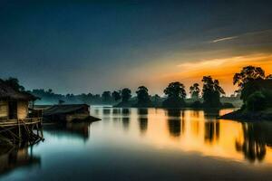 el amanecer terminado el río. generado por ai foto