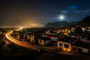 un pueblo a noche con un lleno Luna en el cielo. generado por ai foto