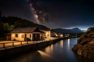 un río a noche con casas y un lechoso cielo. generado por ai foto