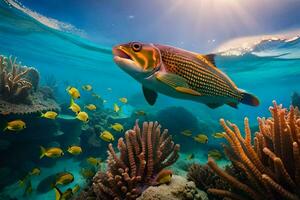 a fish swimming in the ocean with coral reefs. AI-Generated photo