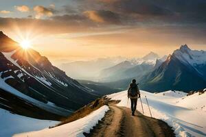 un persona caminando en un la carretera en el montañas. generado por ai foto