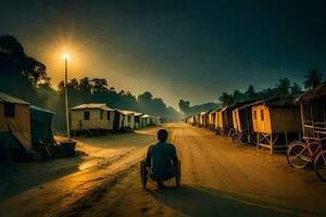 a man sitting on the side of the road in front of a village. AI-Generated photo